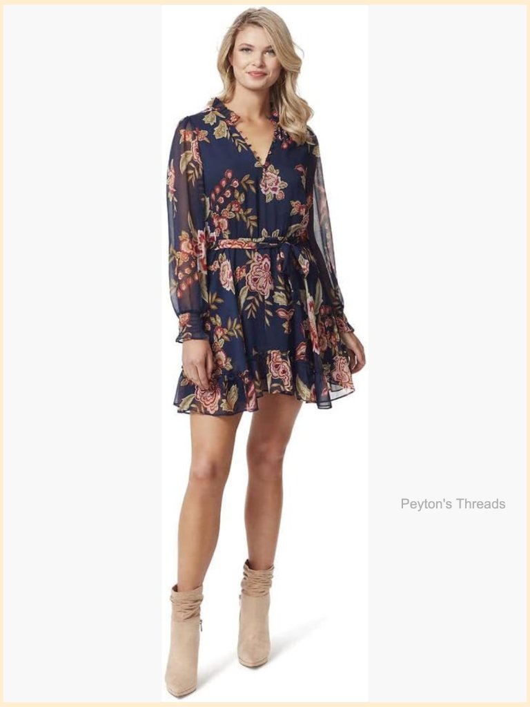 Mini Dress With Ruffle Collar V-Neck, Long Bell Sleeves, Belted Waist, Flare